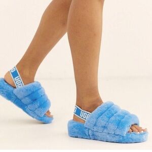 UGG Fluffy Sky Blue Slides in great preloved condition 10